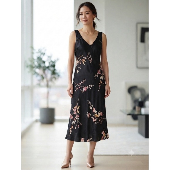 Jones New York Dresses & Skirts - Vtg Y2K‎ Fairy Sheath Silk Dress 14 Floral Black Pink Romantic V Neck Sleeveless